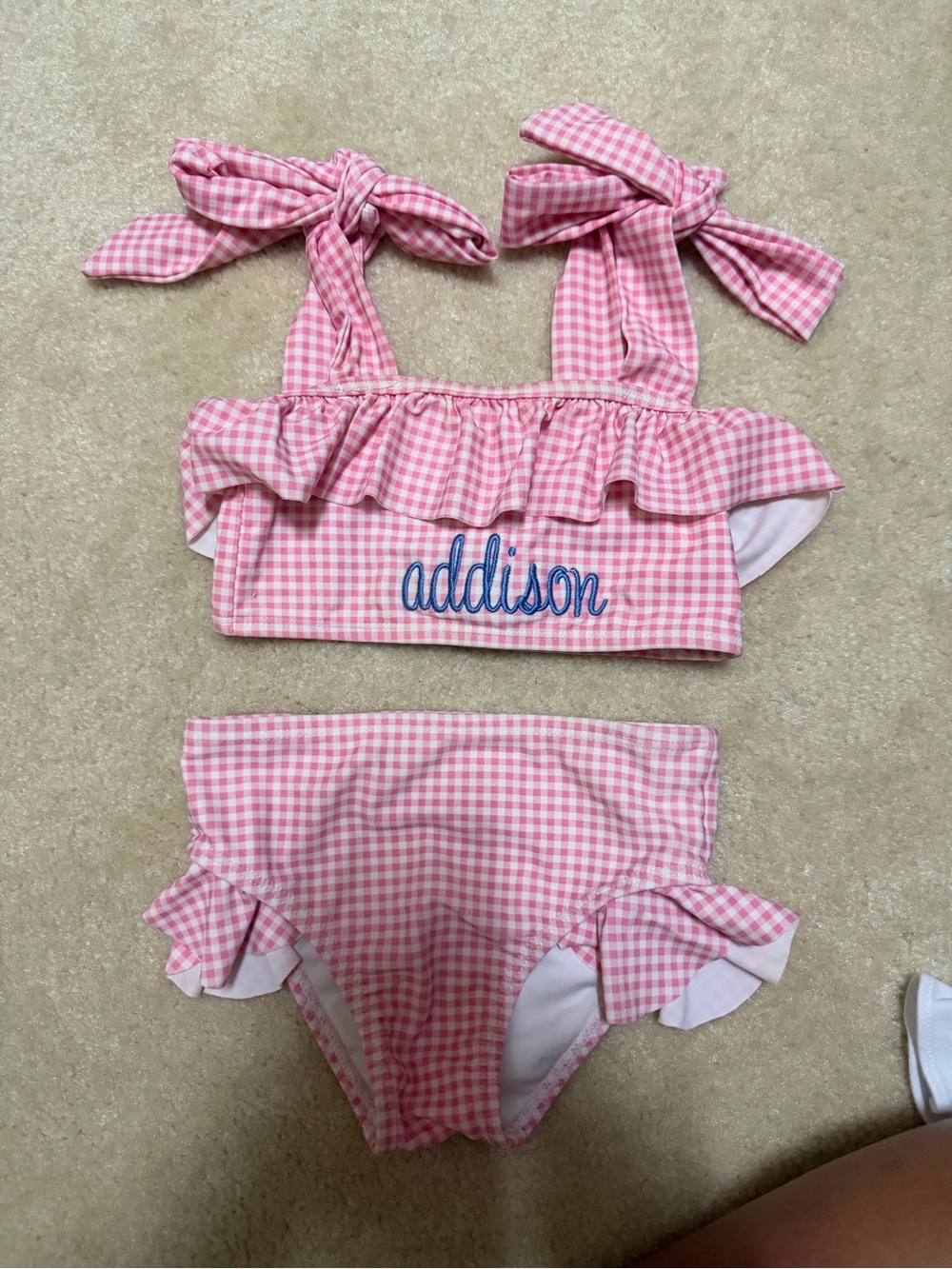 Pink Gingham Ruffle Kids Bikini with “Addison” embroidered